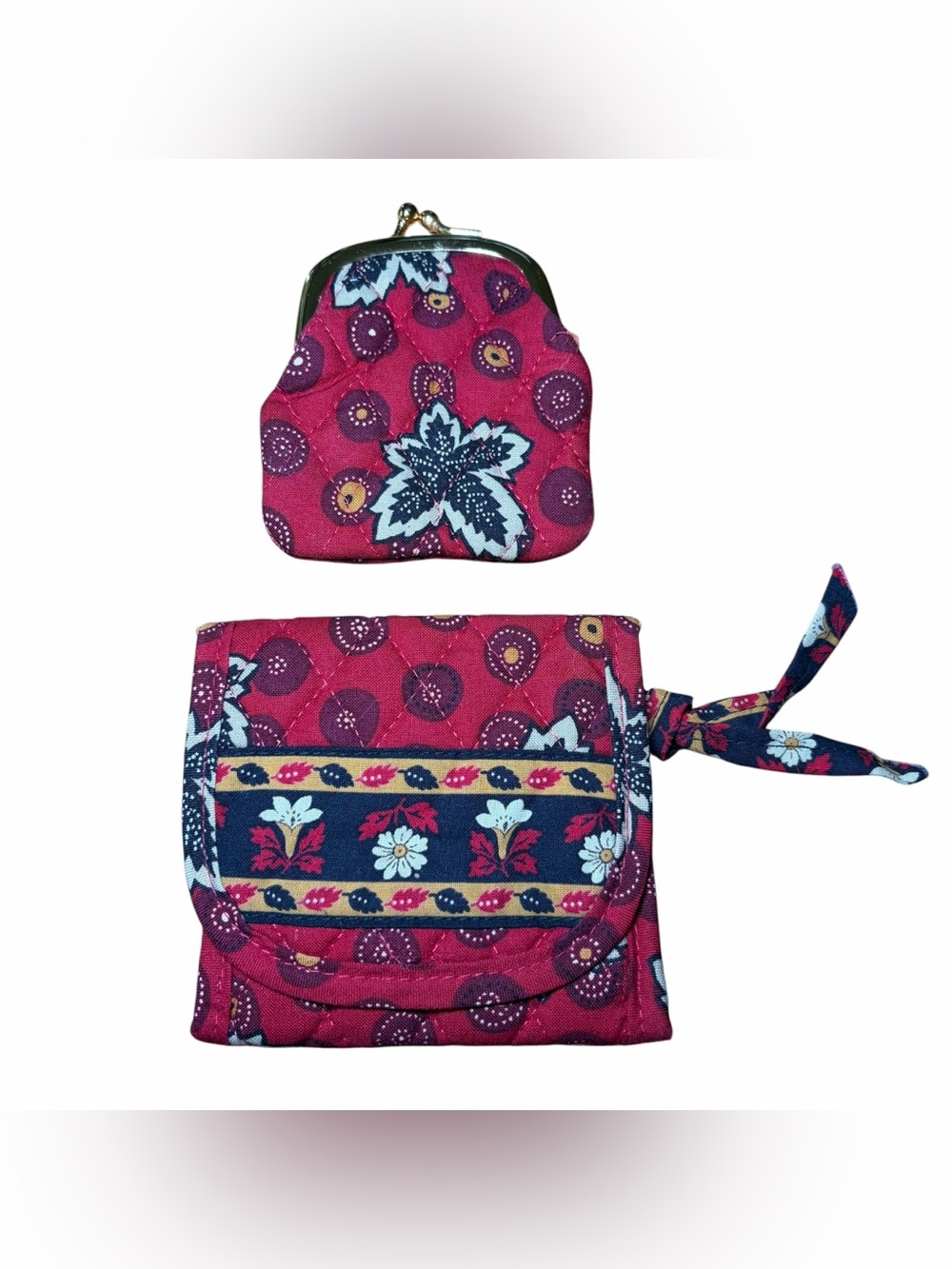 Vera Bradley Red Coin 1999 Kiss Lock Coin Purse AND Trifold Wallet Retired EUC